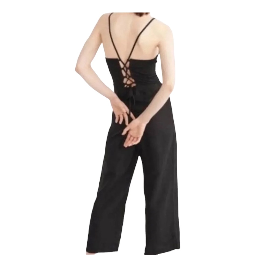 Abercrombie & Fitch Linen Strappy Back Wide Leg Crop Jumpsuit Black With Pockets
